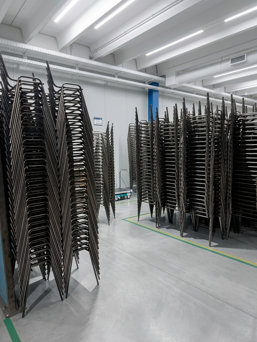 Rows of welded steel chair frames