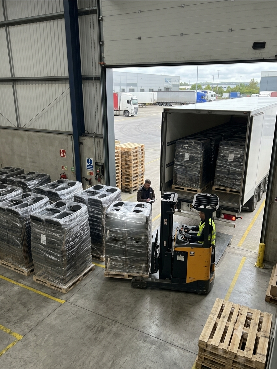 Pallets of NxtChair chairs being loaded into the truck