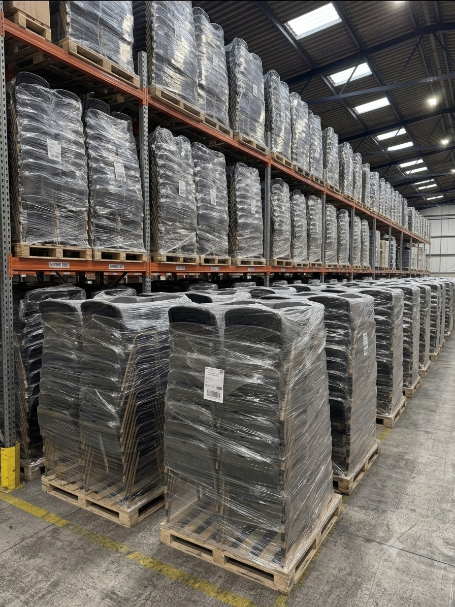 Rows of wrapped pallets with NxtChair chairs in the warehouse